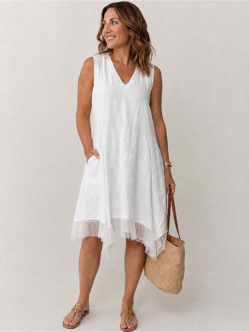 For Cynthia White Linen Sleeveless Handkerchief Hem Tunic Dress Size PL